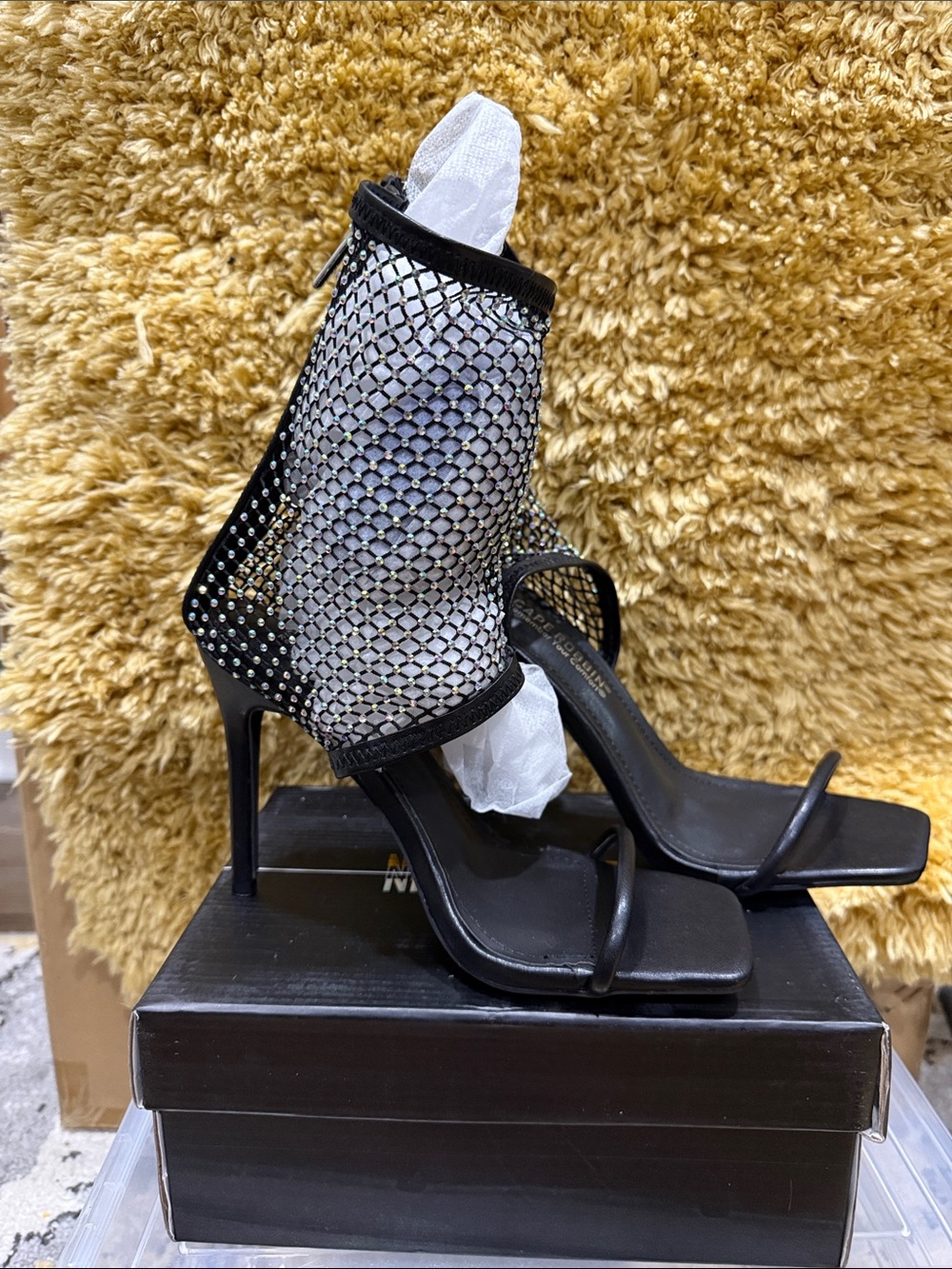 Cape Robbin Black Mesh Rhinestone Stiletto Sandals